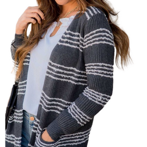 PINK CLOVER women’s double pocket grey white stripe open cardigan size small NWT
